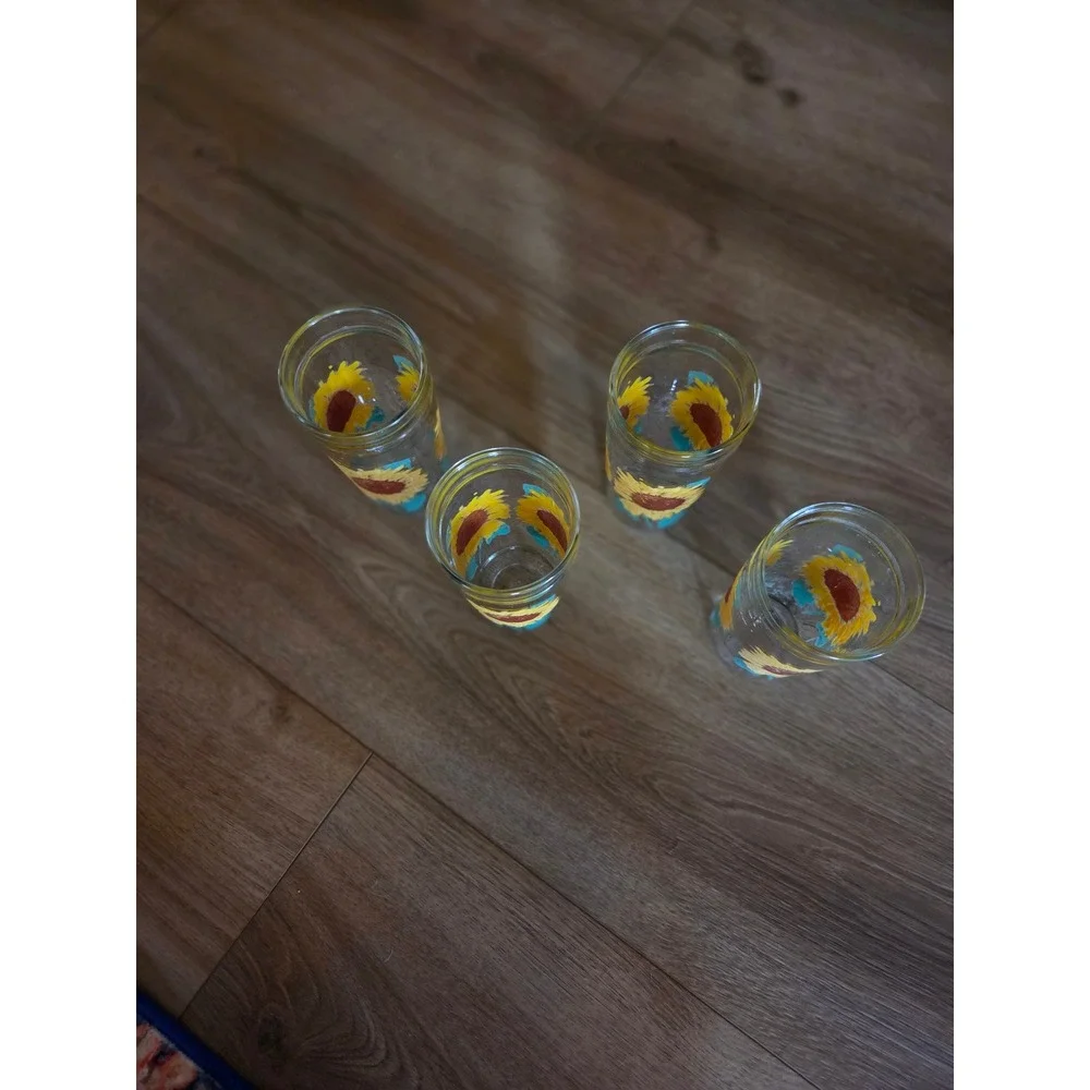 Vintage 70s Anchor Hocking Sunflower Jelly-Jar Tumbler Glass Set of 4